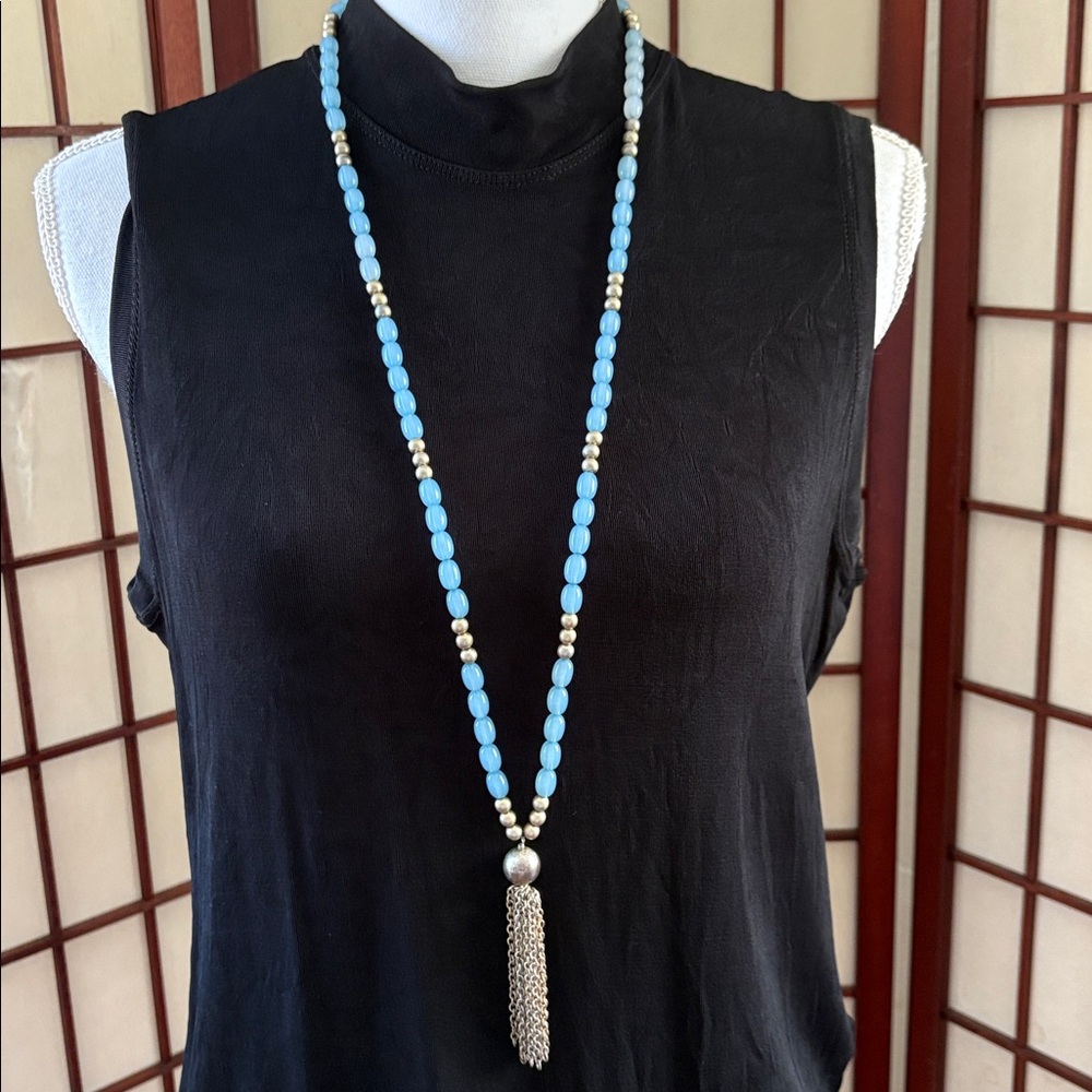 Blue Beaded Necklace with Silver Accents